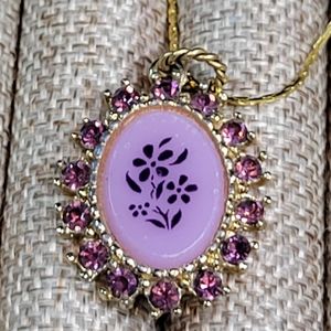Vintage Purple Floral Pendant w/ Purple Rhinestones & 18K Gold Plated Chain